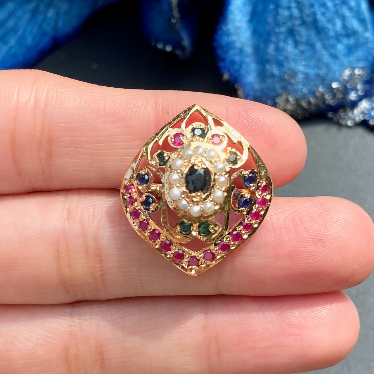 Multocolored Jadau Ring | 925 Silver Gold Plated LR 124