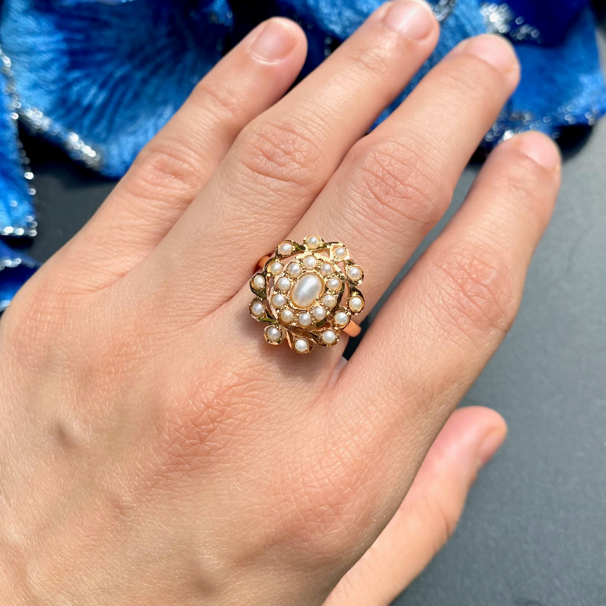 Oval Shaped Pearl Jadau Ring | 925 Silver Gold Plated LR 121