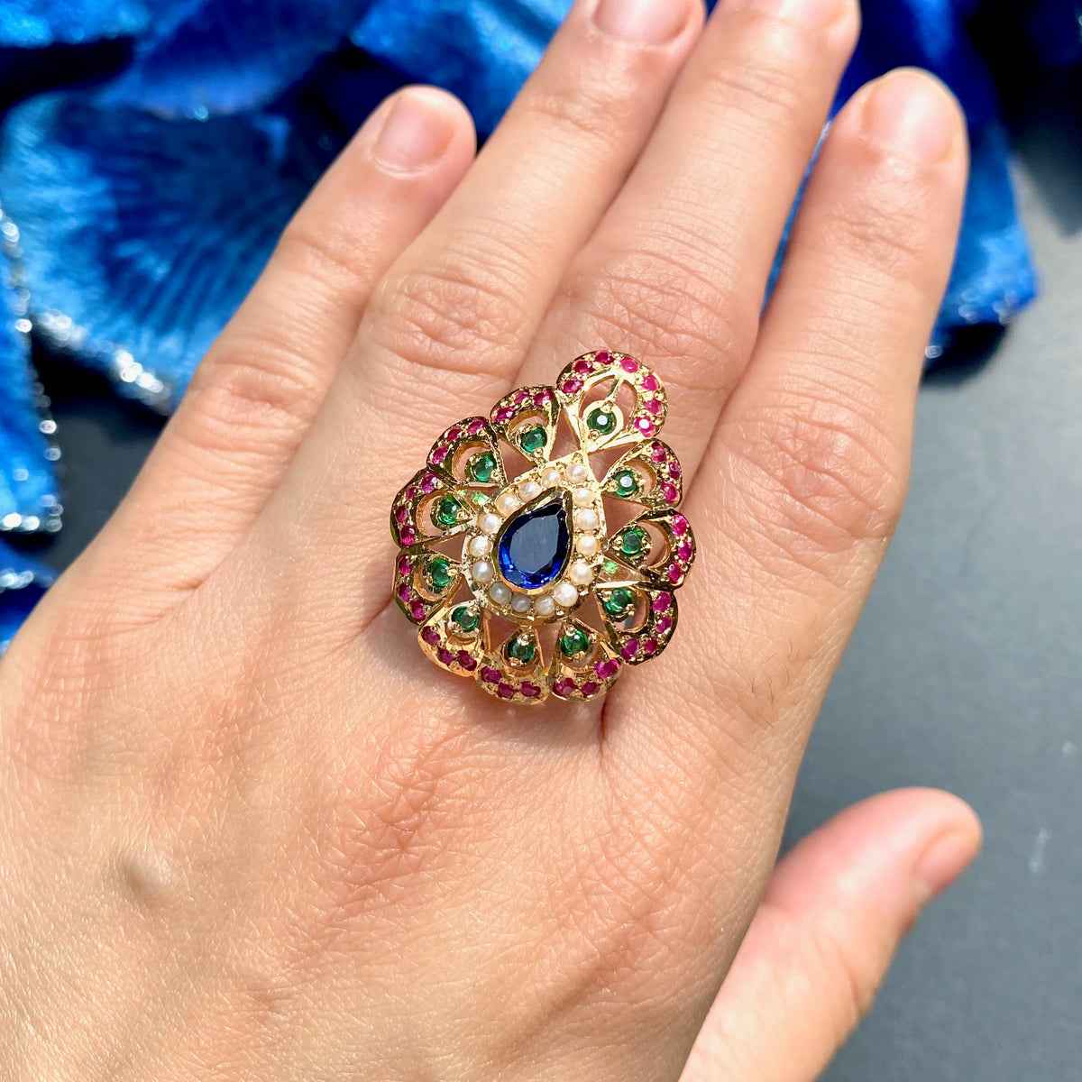 Exquisitive Multicolored Jadau Ring | 925 Silver Gold Plated LR 119