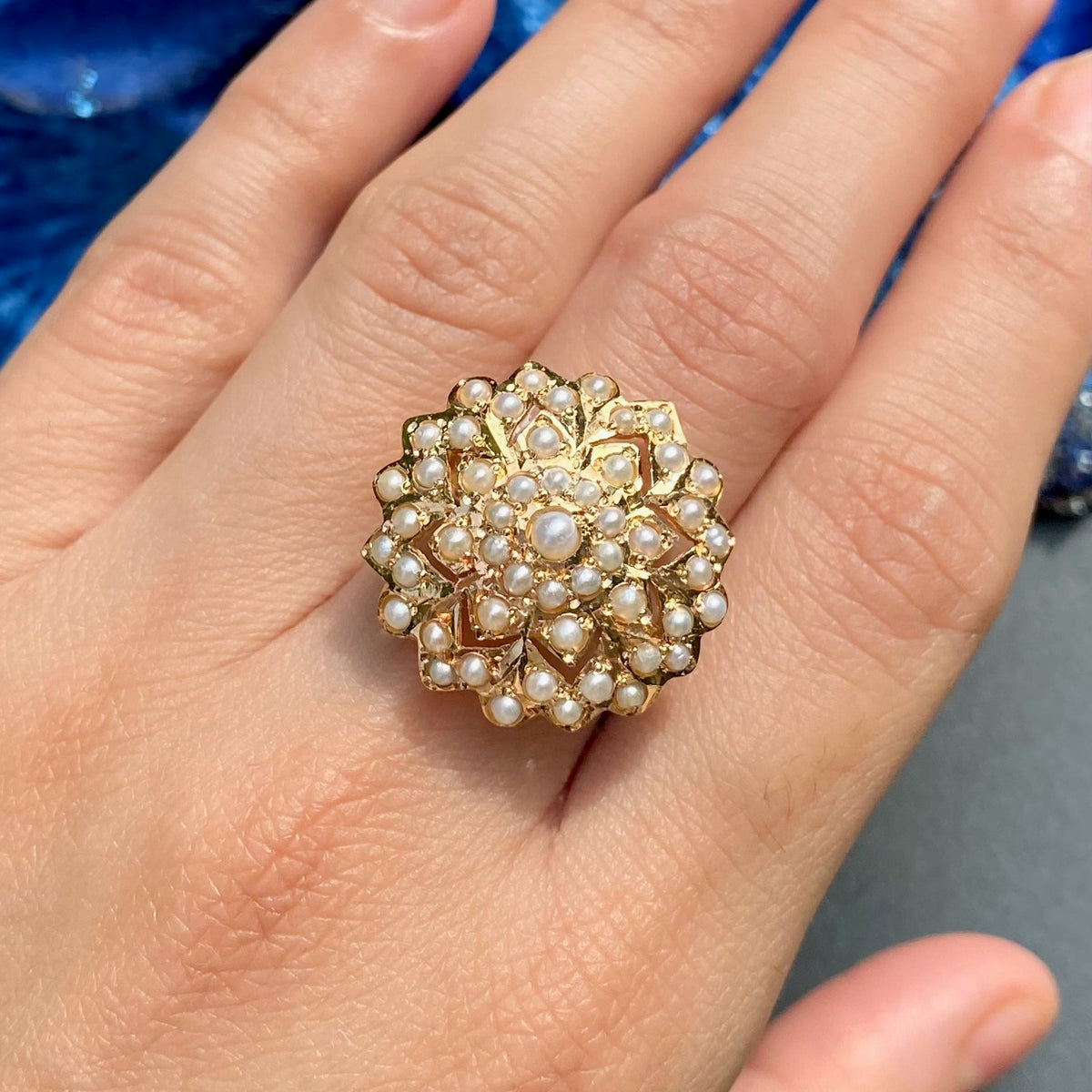Exquisite Round Shaped Pearl Jadau Ring | 925 Silver Gold Plated LR 128