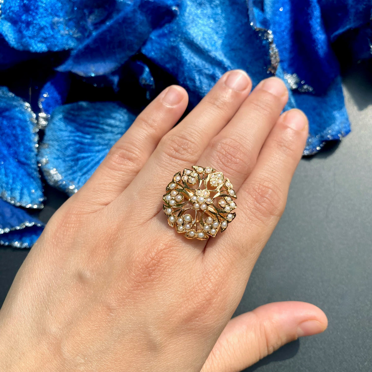 Floral Round Shaped Pearl Jadau Ring | 925 Silver Gold Plated LR 127
