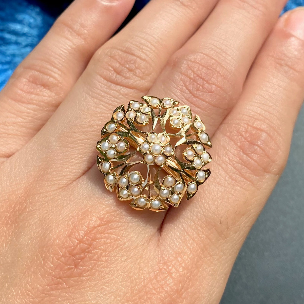 Floral Round Shaped Pearl Jadau Ring | 925 Silver Gold Plated LR 127