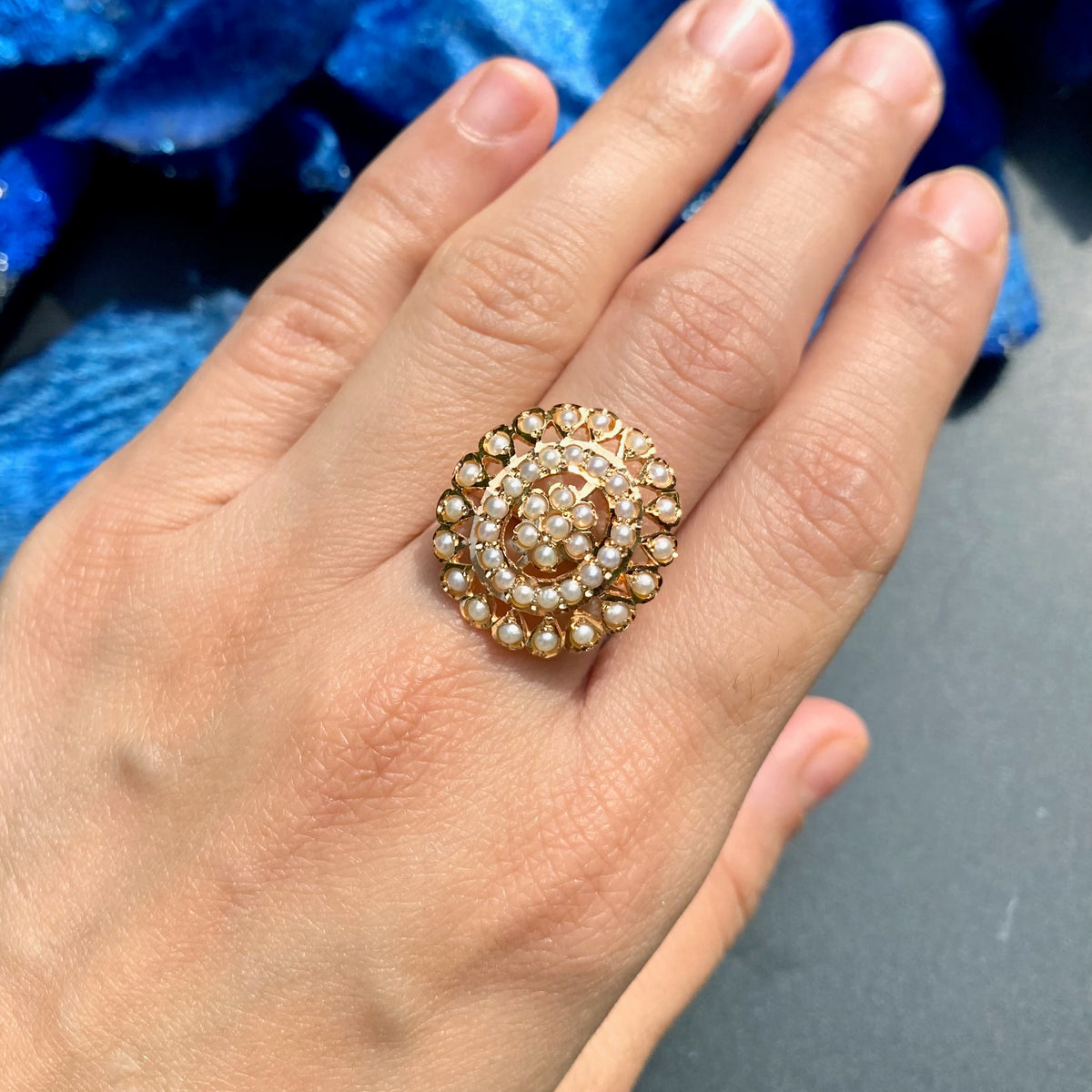 Exquisite Oval Shaped Pearl Jadau Ring | 925 Silver Gold Plated  LR 125