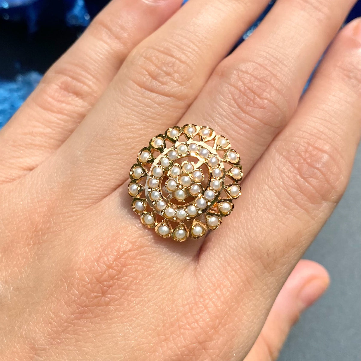 Exquisite Oval Shaped Pearl Jadau Ring | 925 Silver Gold Plated  LR 125