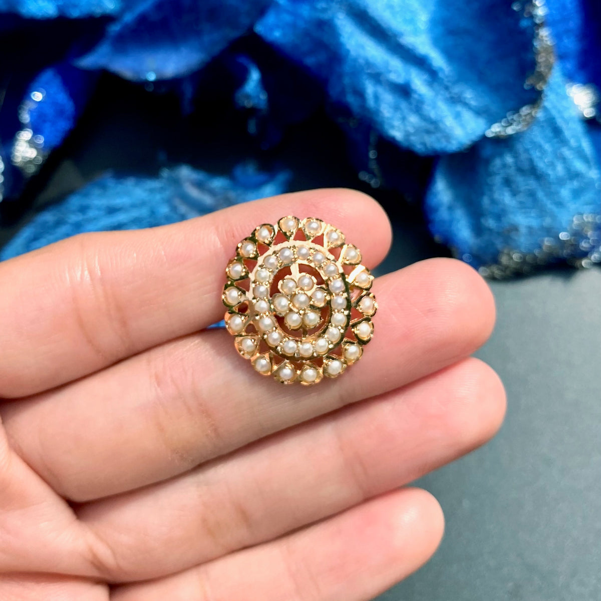Exquisite Oval Shaped Pearl Jadau Ring | 925 Silver Gold Plated  LR 125