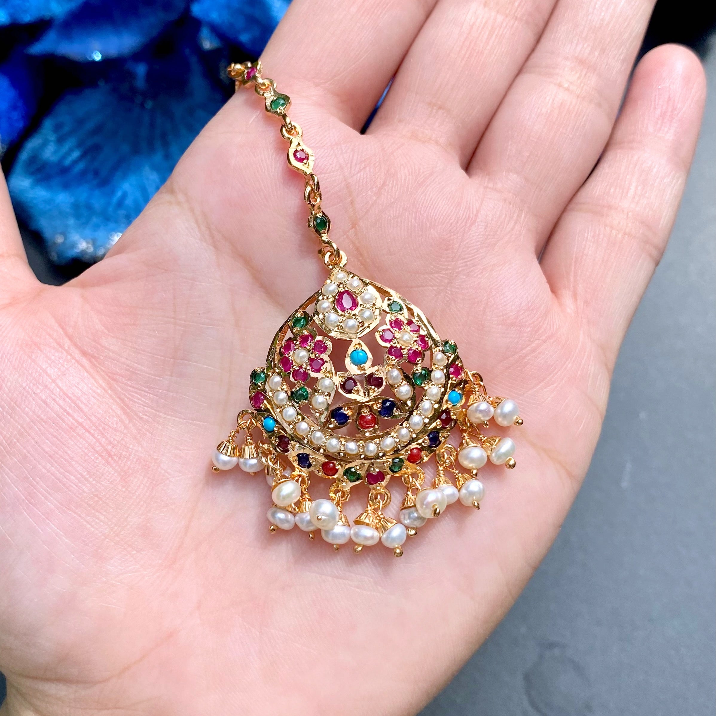 Classic Jadau Maang Teeka in Navratna Colors | 925 Silver with 22k Gold Plating TK 106