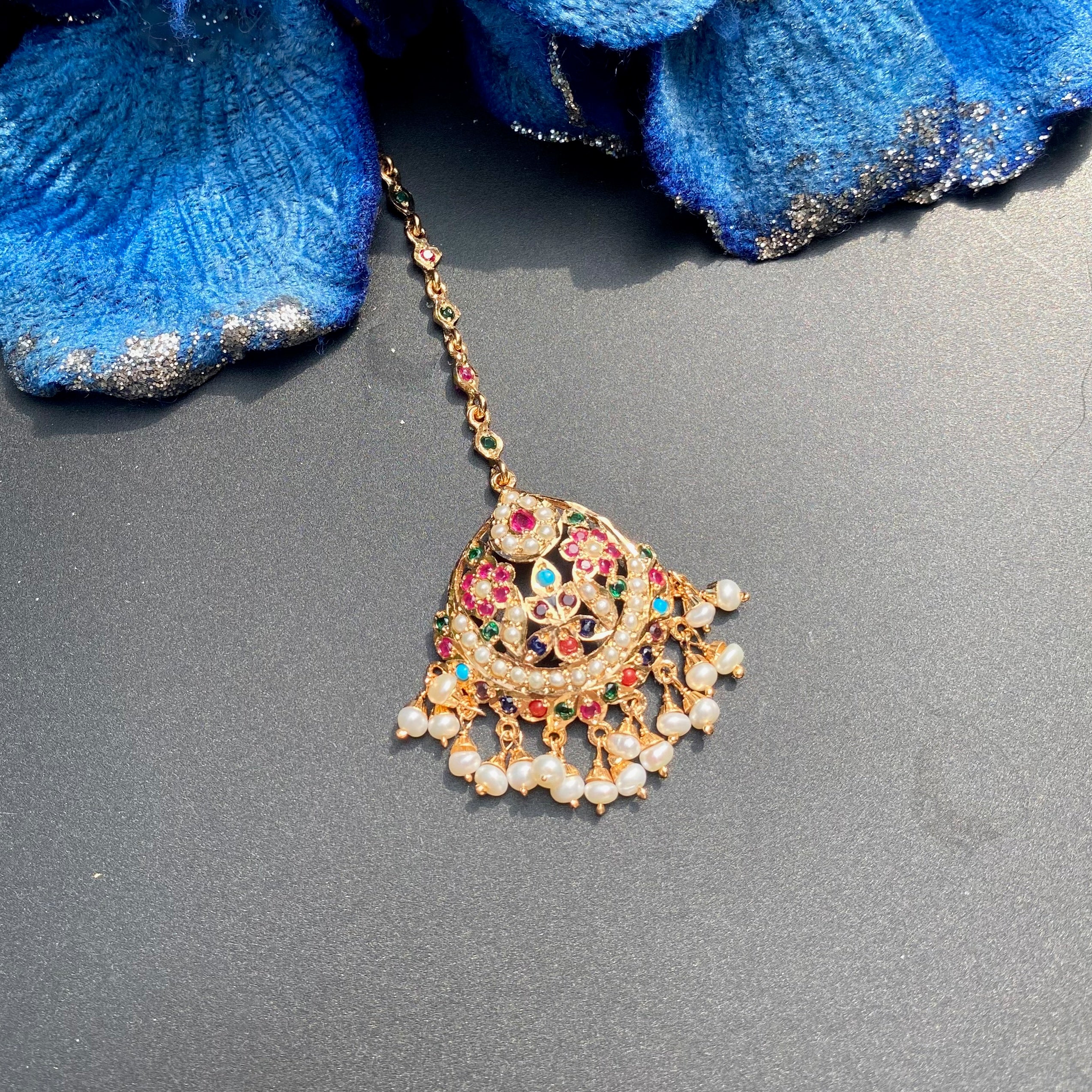 Classic Jadau Maang Teeka in Navratna Colors | 925 Silver with 22k Gold Plating TK 106