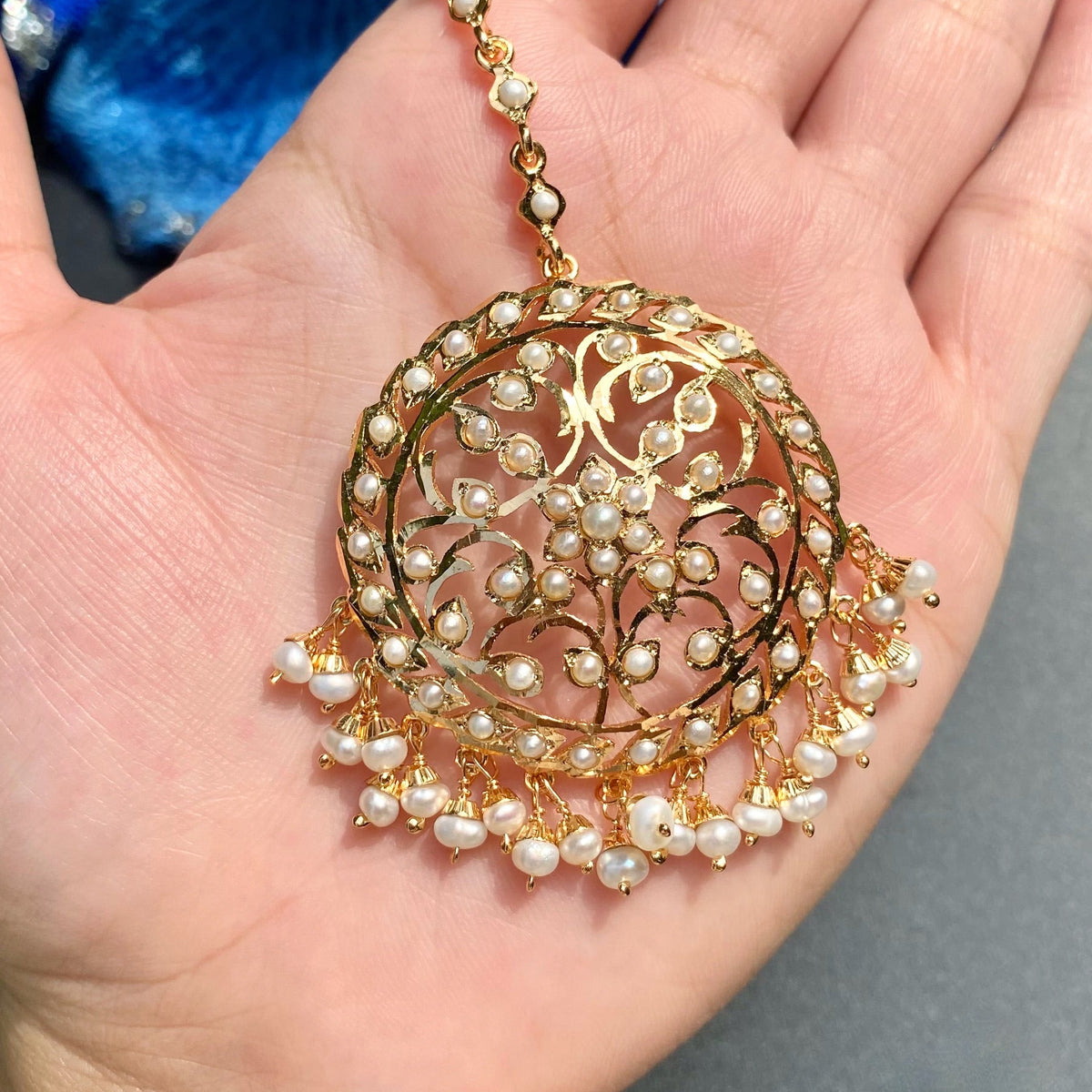 Exquisite Pearl Jadau Teeka | 925 Sterling Silver with 22k Gold Plating TK 107