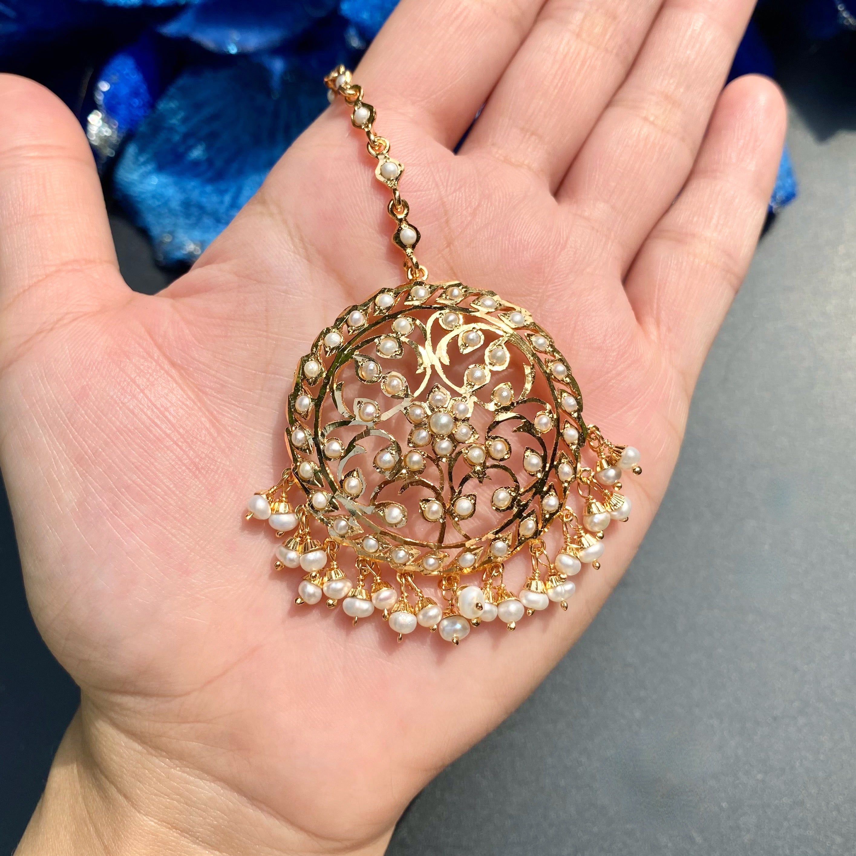 Exquisite Pearl Jadau Teeka | 925 Sterling Silver with 22k Gold Plating TK 107