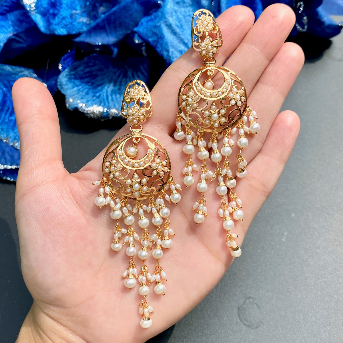 Long Pearl Jadau Chandbali Earrings | Gold Plated on 925 Silver ER 748