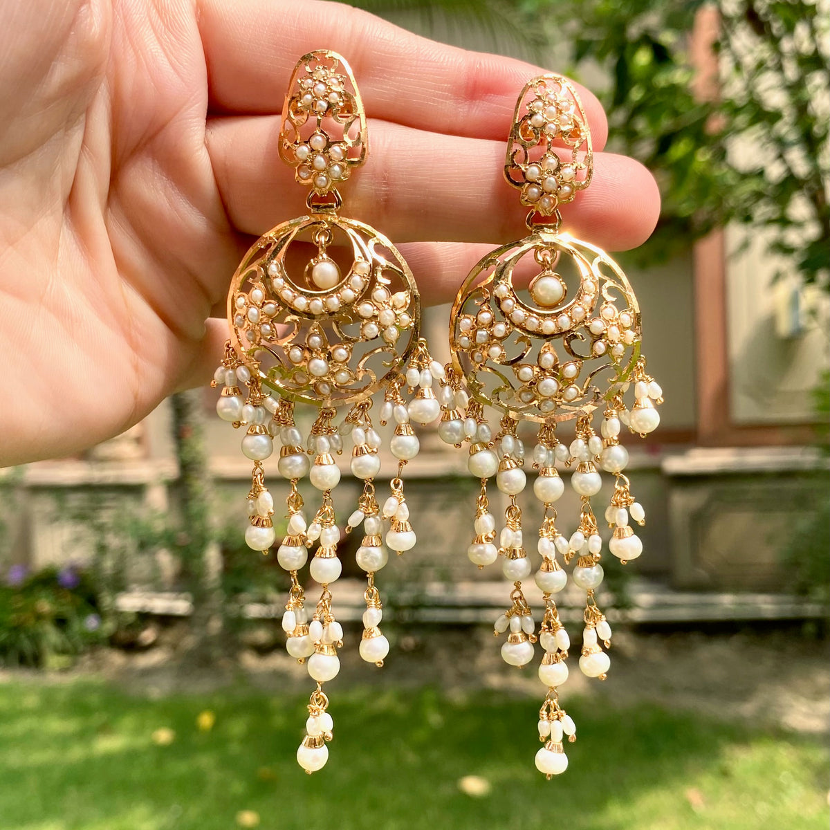 Long Pearl Jadau Chandbali Earrings | Gold Plated on 925 Silver ER 748