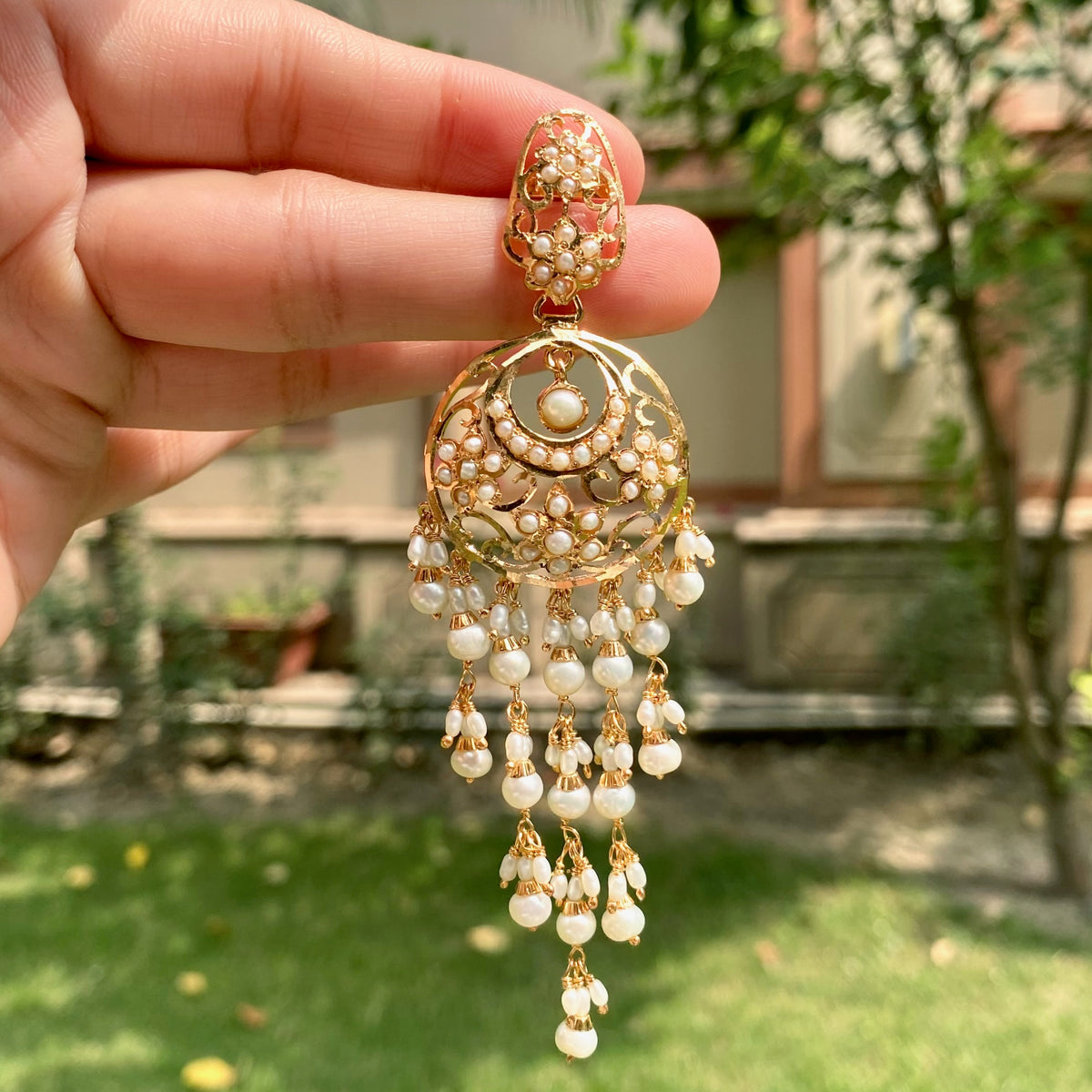 Long Pearl Jadau Chandbali Earrings | Gold Plated on 925 Silver ER 748