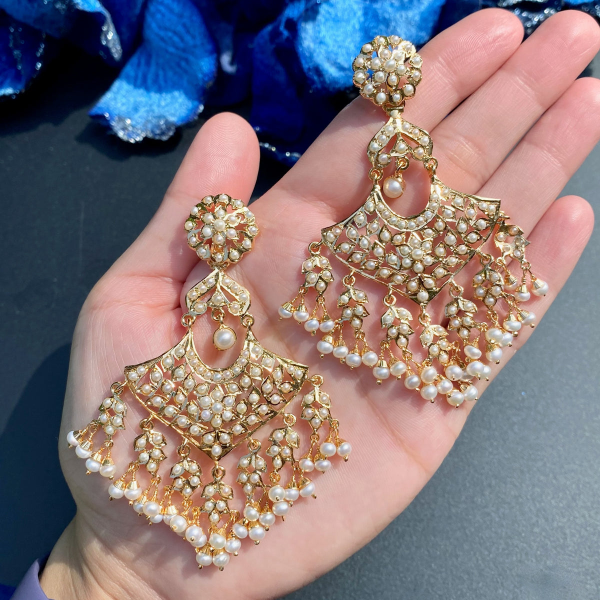 Pearl-Studded Chandbali Dangler Earrings | Gold Plated on 925 Silver ER 772