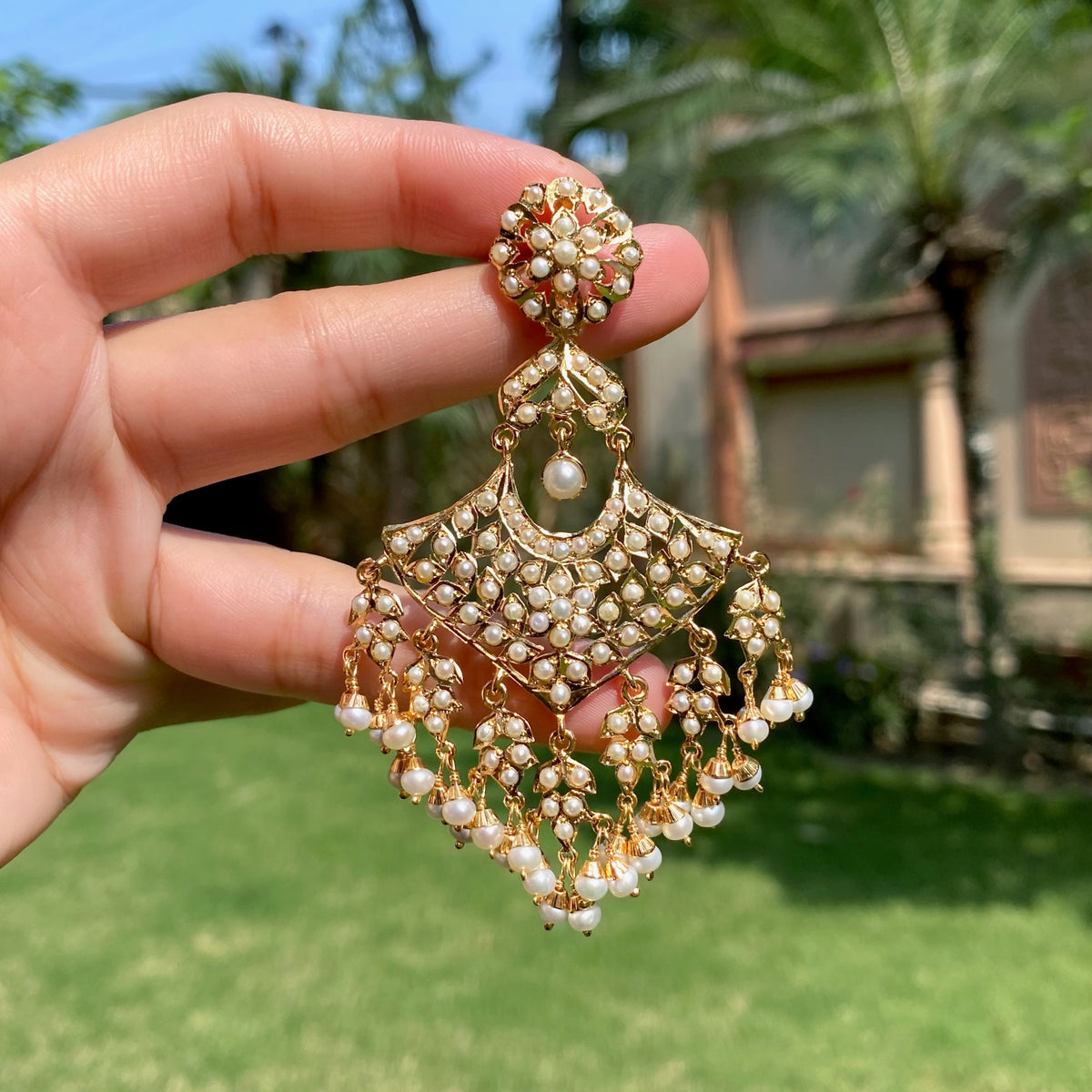 Pearl-Studded Chandbali Dangler Earrings | Gold Plated on 925 Silver ER 772