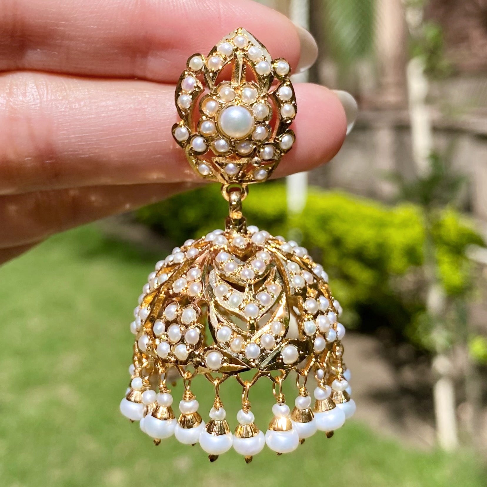 Gold Plated Jhumkas in Silver Studded with Freshwater Pearls ER 383
