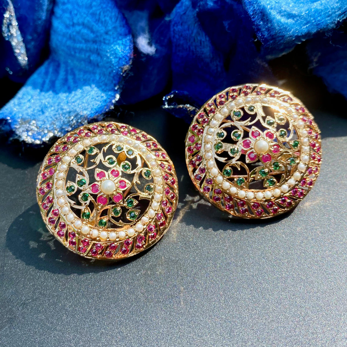 Pink And Green Floral Stud Earrings | Gold Plated on Silver ER 781