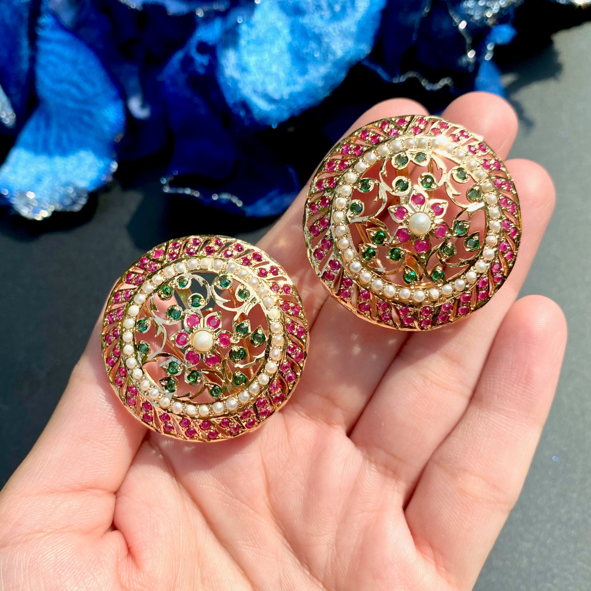 Pink And Green Floral Stud Earrings | Gold Plated on Silver ER 781