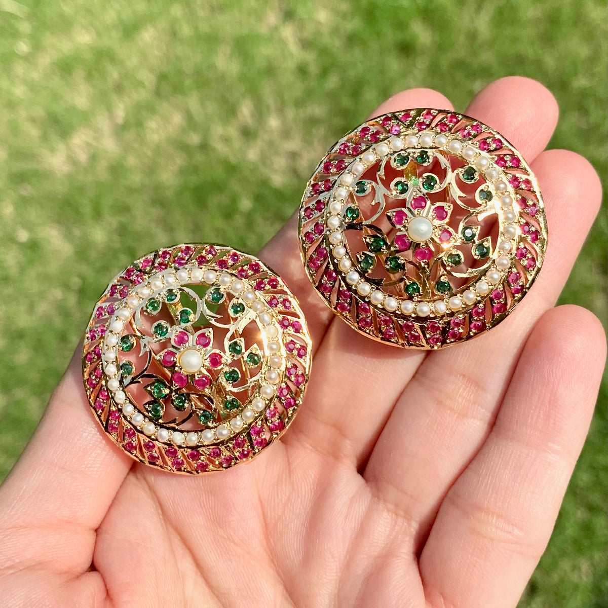 Pink And Green Floral Stud Earrings | Gold Plated on Silver ER 781