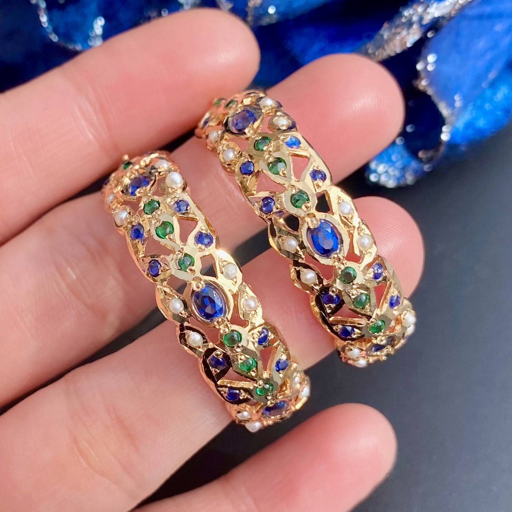 Jadau Hoop Earrings | Handcrafted Bali Earrings | Emerald Sapphire Hoops | Gold Plated Jewellery | ER 686