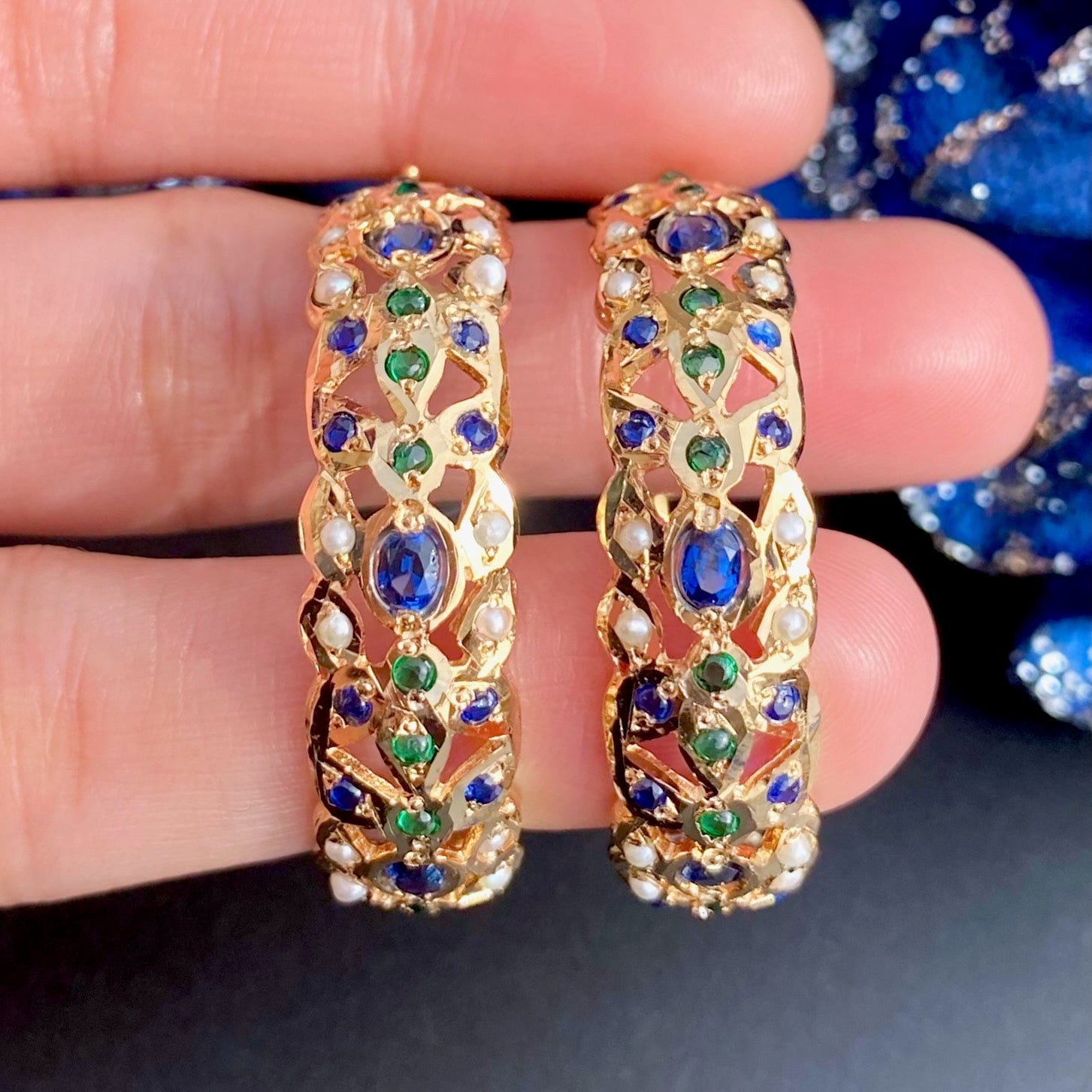 Jadau Hoop Earrings | Handcrafted Bali Earrings | Emerald Sapphire Hoops | Gold Plated Jewellery | ER 686