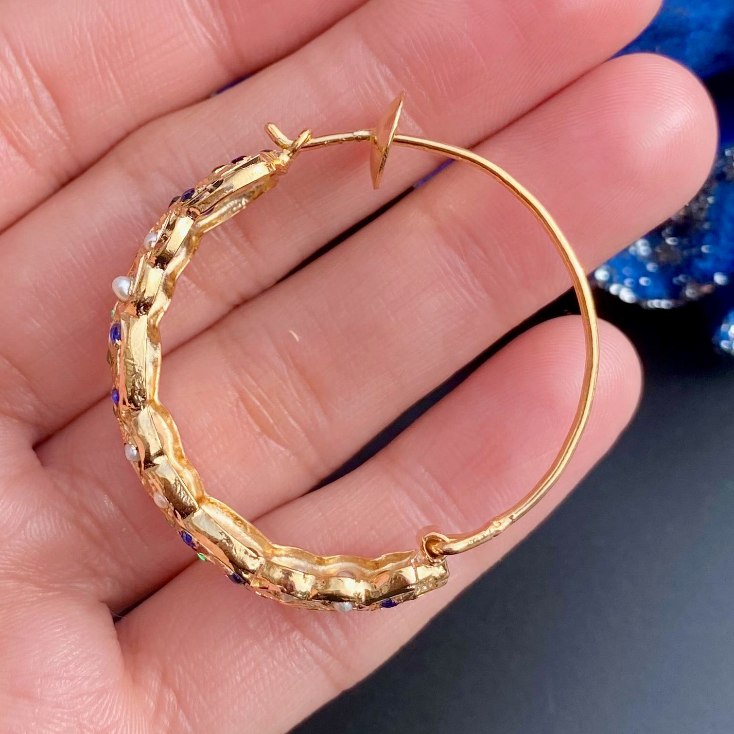 Jadau Hoop Earrings | Handcrafted Bali Earrings | Emerald Sapphire Hoops | Gold Plated Jewellery | ER 686