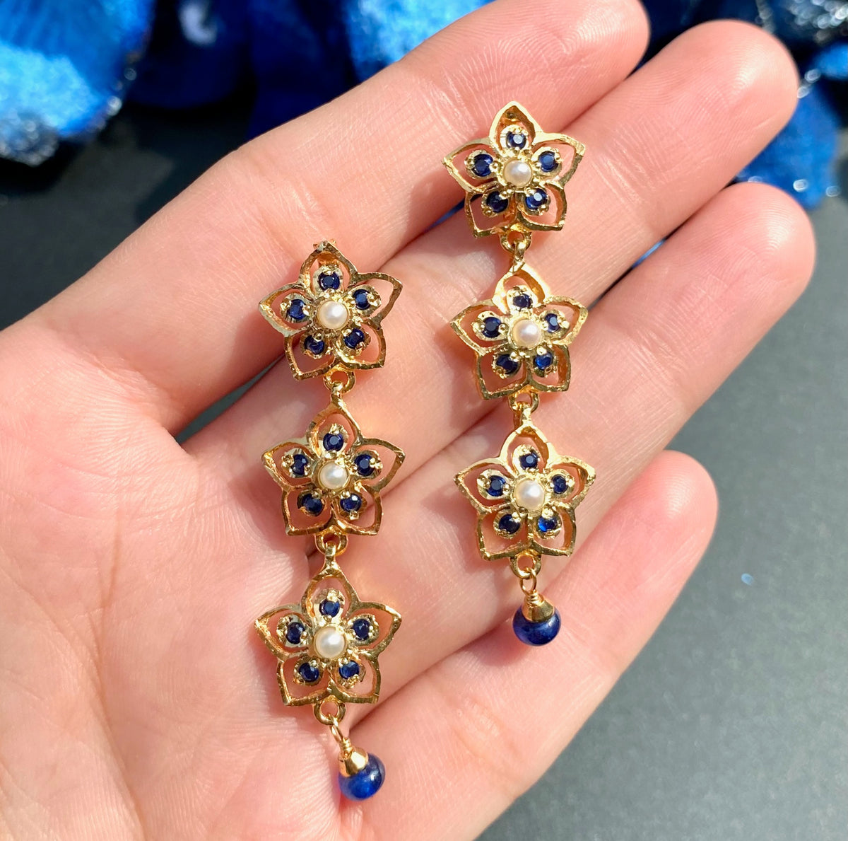 Blue Stone Floral Drop Earring | Gold Platedon 925 ER 774