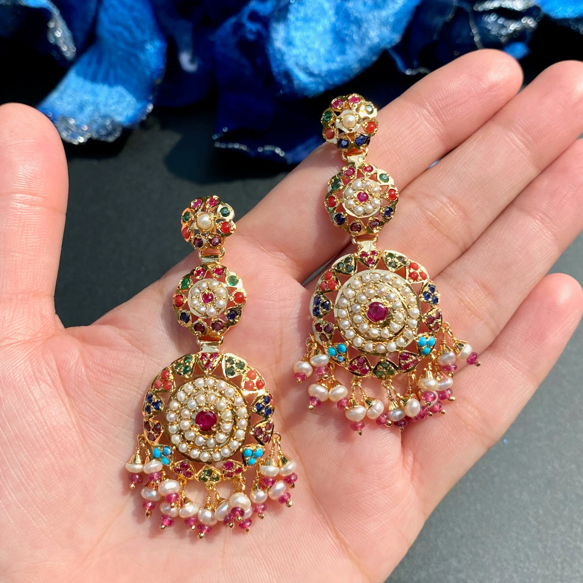 Multicoloured Jadau Danglers | Punjabi Jewery on 925 Silver with Gold Plating ER 775