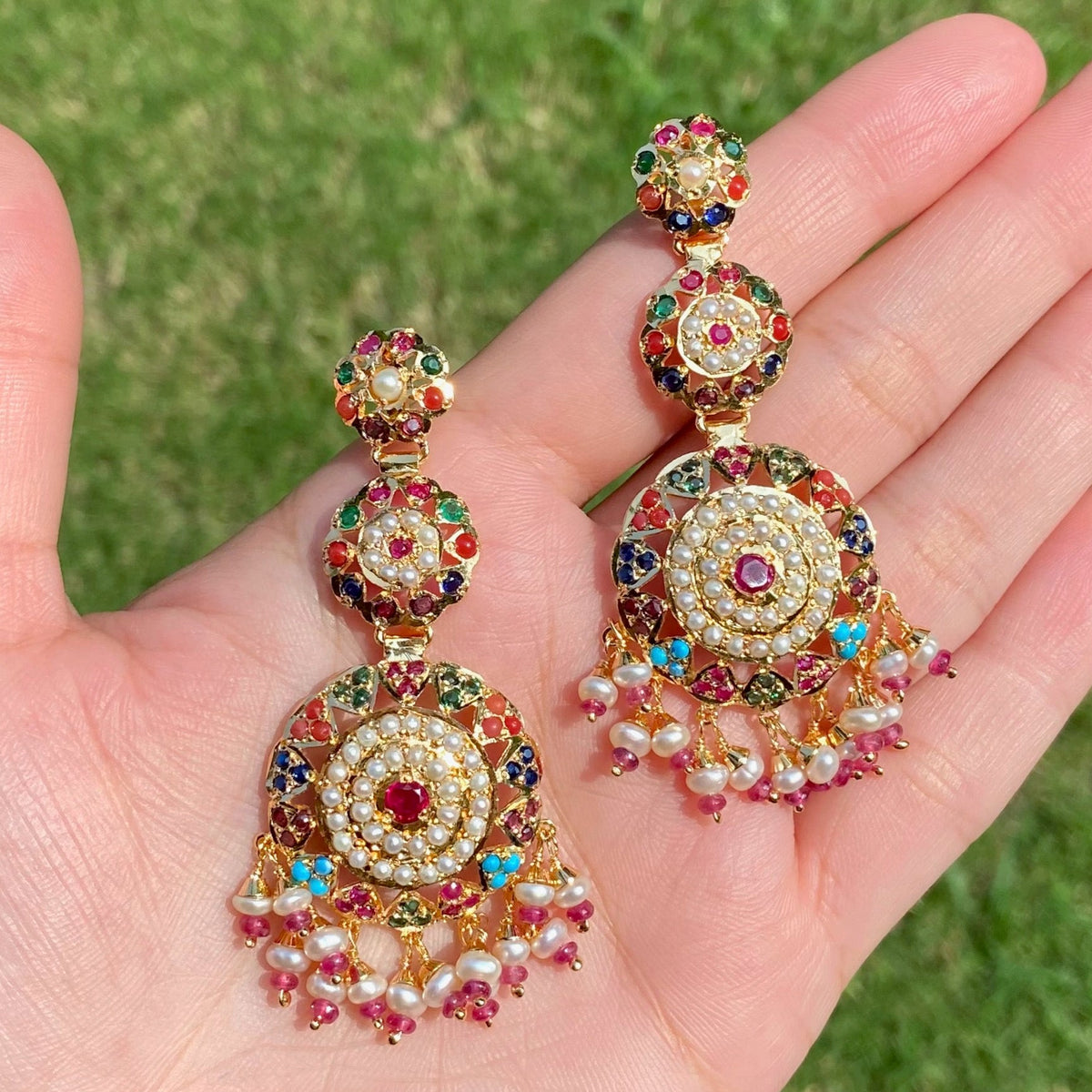 Multicoloured Jadau Danglers | Punjabi Jewery on 925 Silver with Gold Plating ER 775