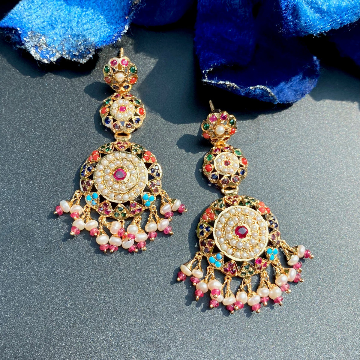 Multicoloured Jadau Danglers | Punjabi Jewery on 925 Silver with Gold Plating ER 775