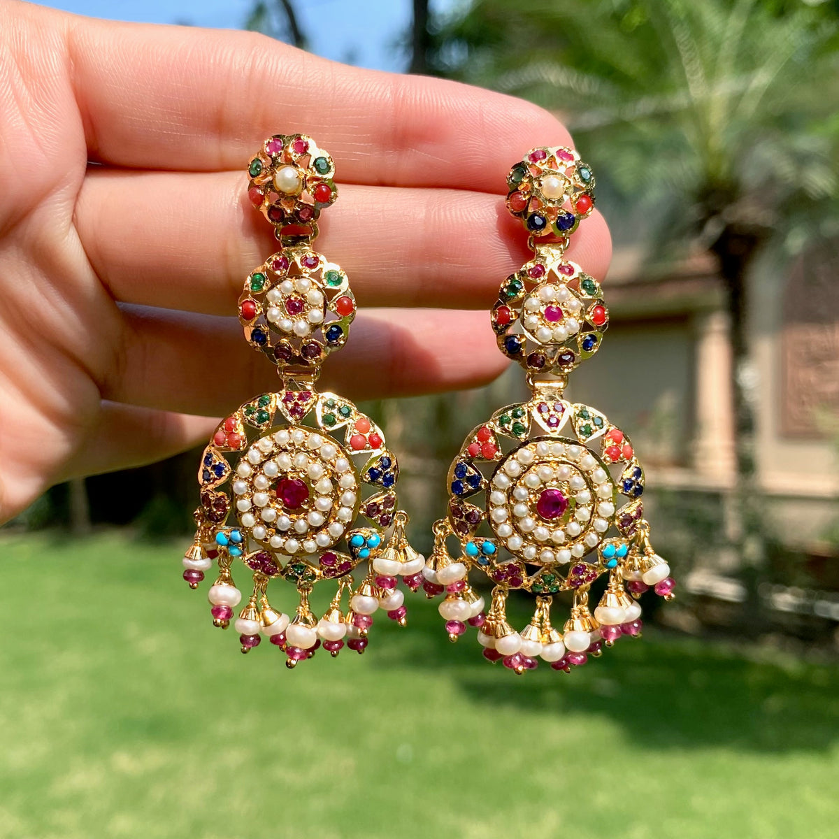 Multicoloured Jadau Danglers | Punjabi Jewery on 925 Silver with Gold Plating ER 775