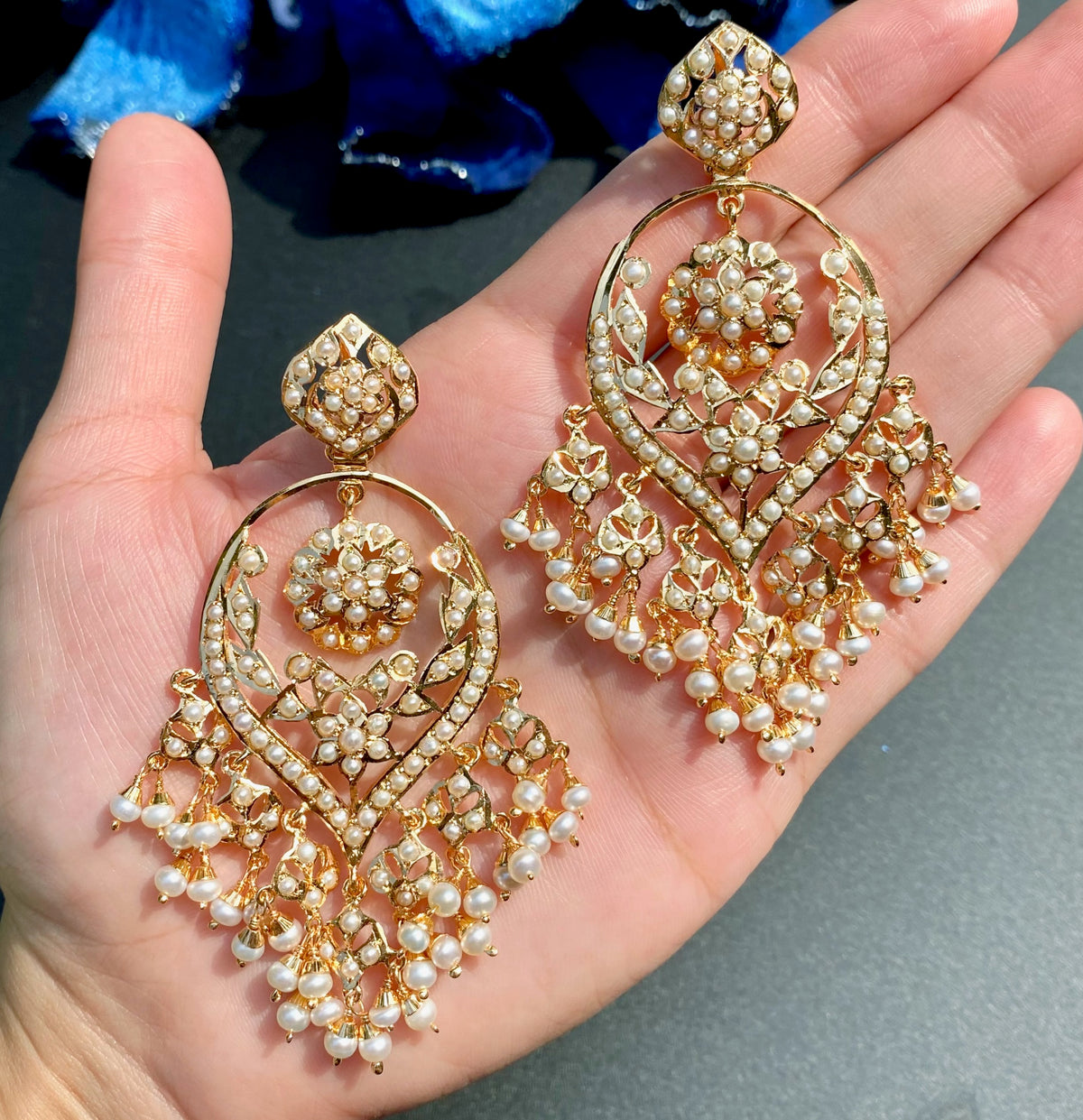 Statement Pearl Lattice Chandbali Earring | Embellished with Freshwater Pearls on Silver ER 779