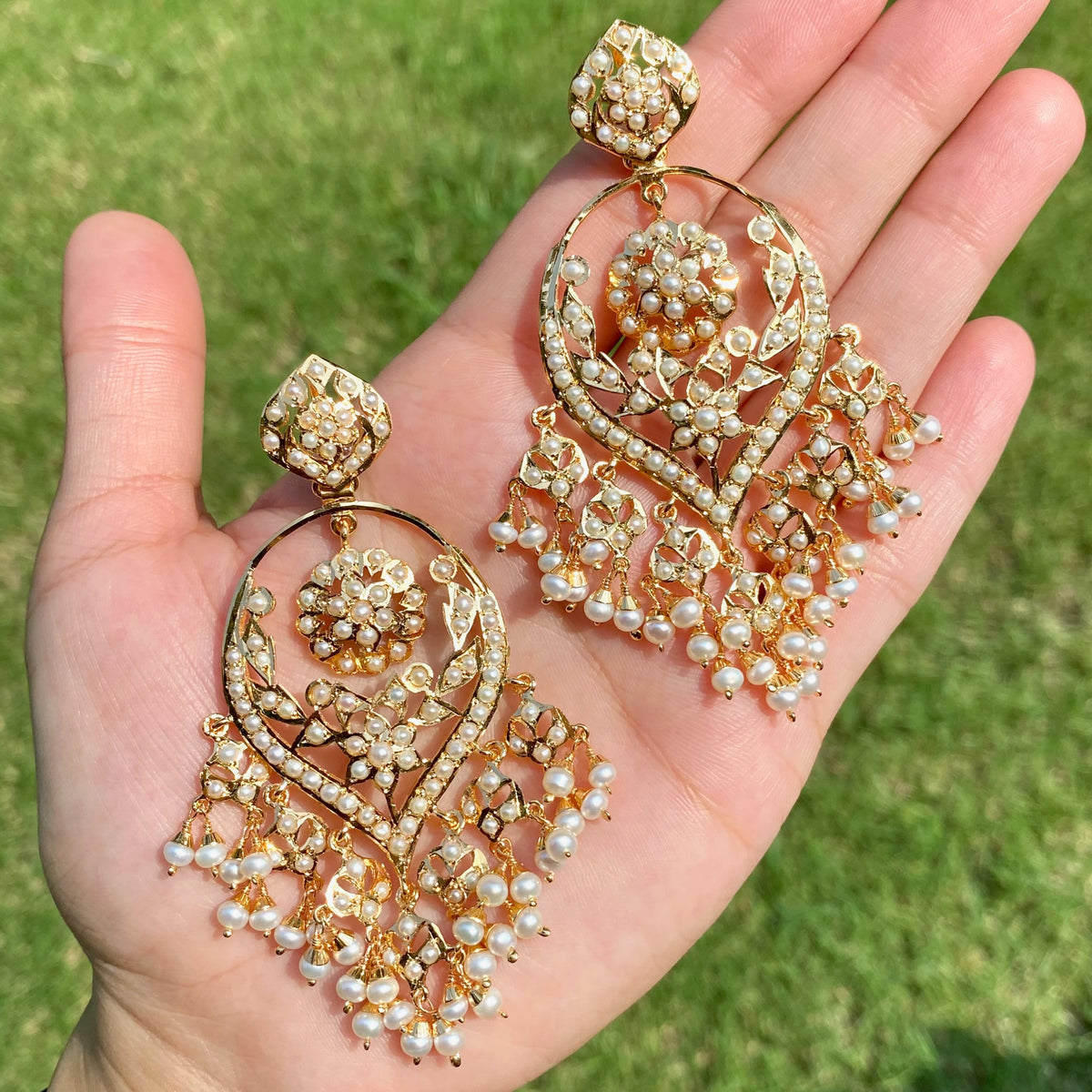 Statement Pearl Lattice Chandbali Earring | Embellished with Freshwater Pearls on Silver ER 779
