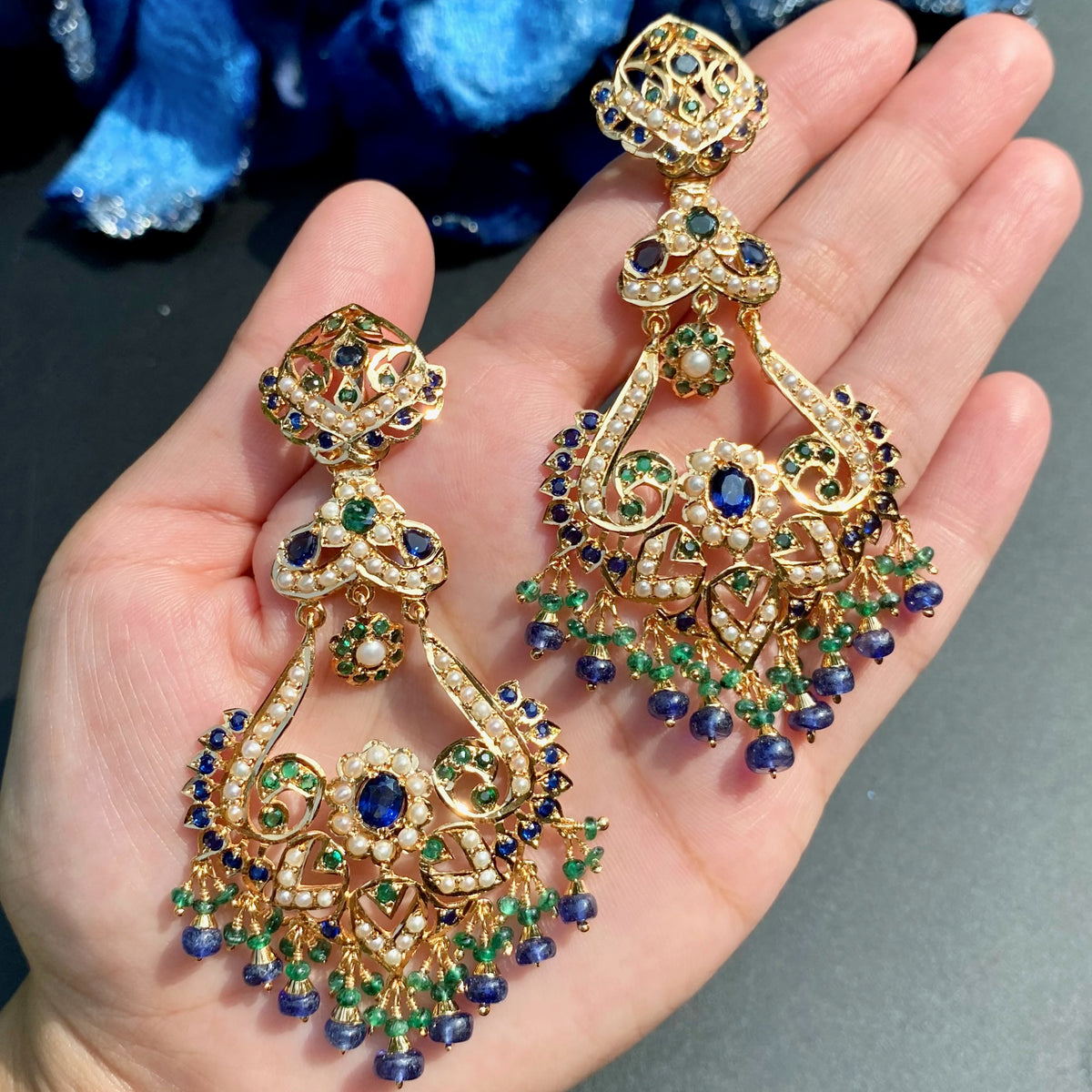 Blue Green Pearl Statement Chandbali Earrings | Gold Plated on Silver  ER 769