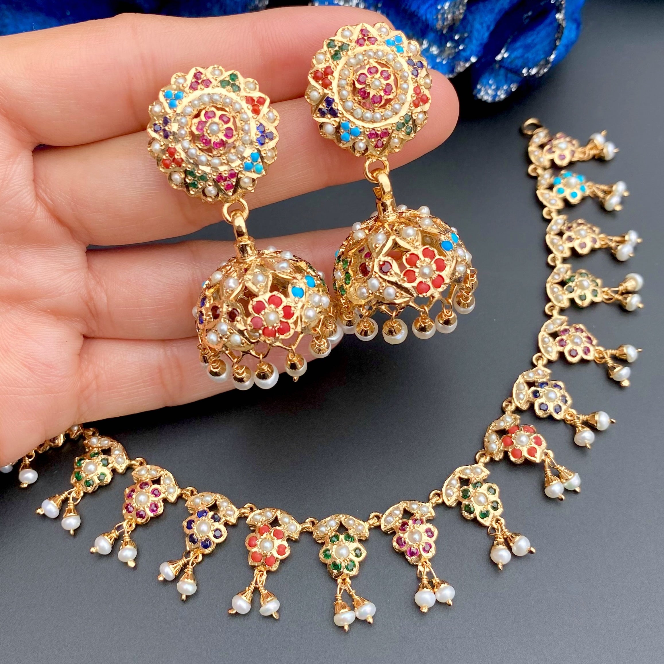 Delicate Navrattan Necklace with Jhumki | Gold Plated Navratna Necklace Set | NS 499