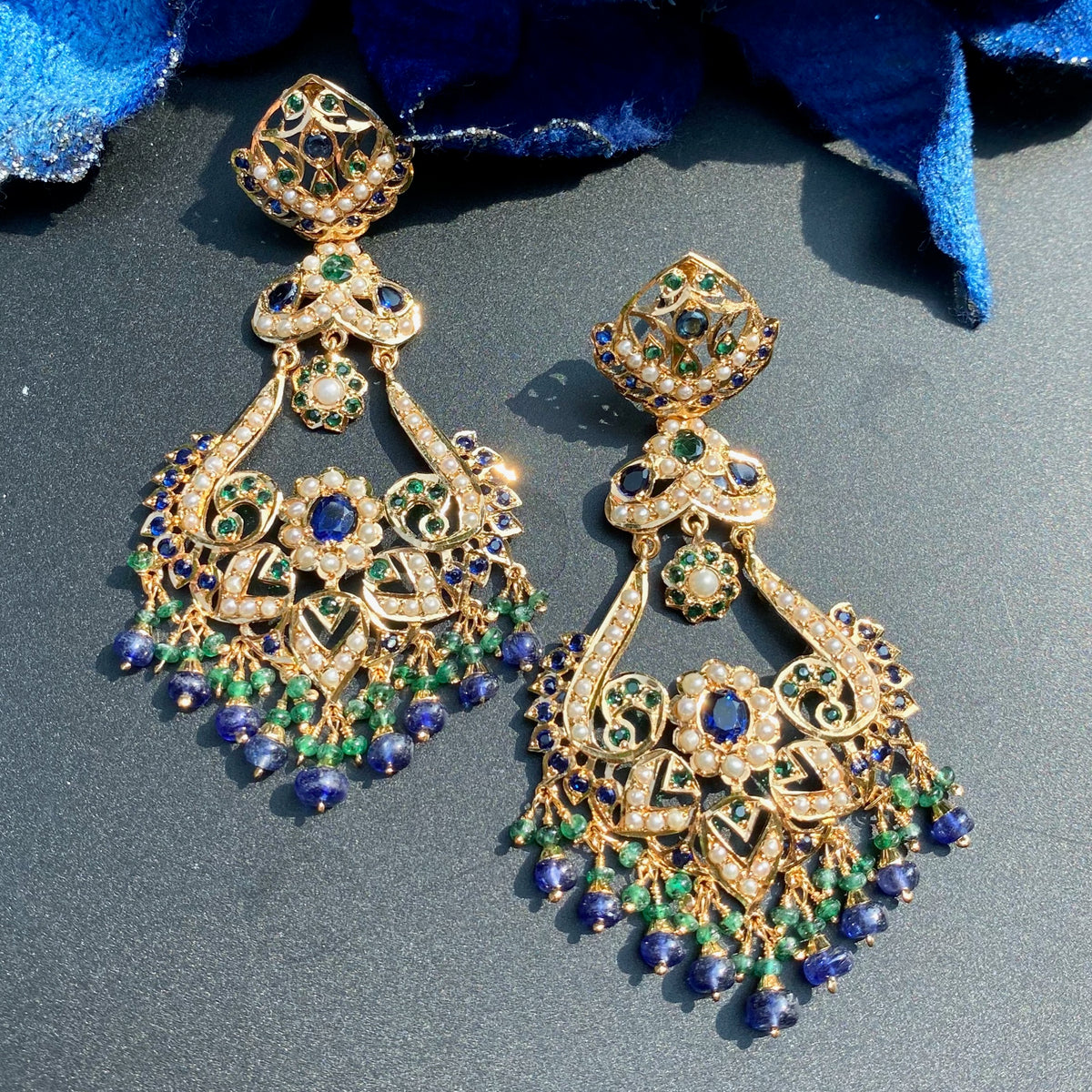Blue Green Pearl Statement Chandbali Earrings | Gold Plated on Silver  ER 769