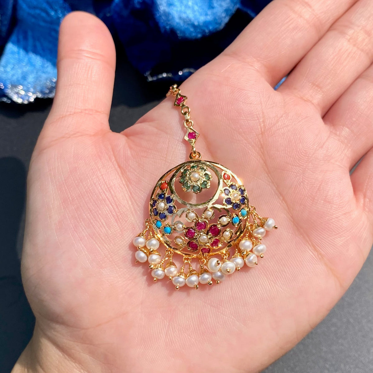 Floral Navratna Jadau Maang Teeka | Chandbali Style | 925 Silver Gold Plated TK 108