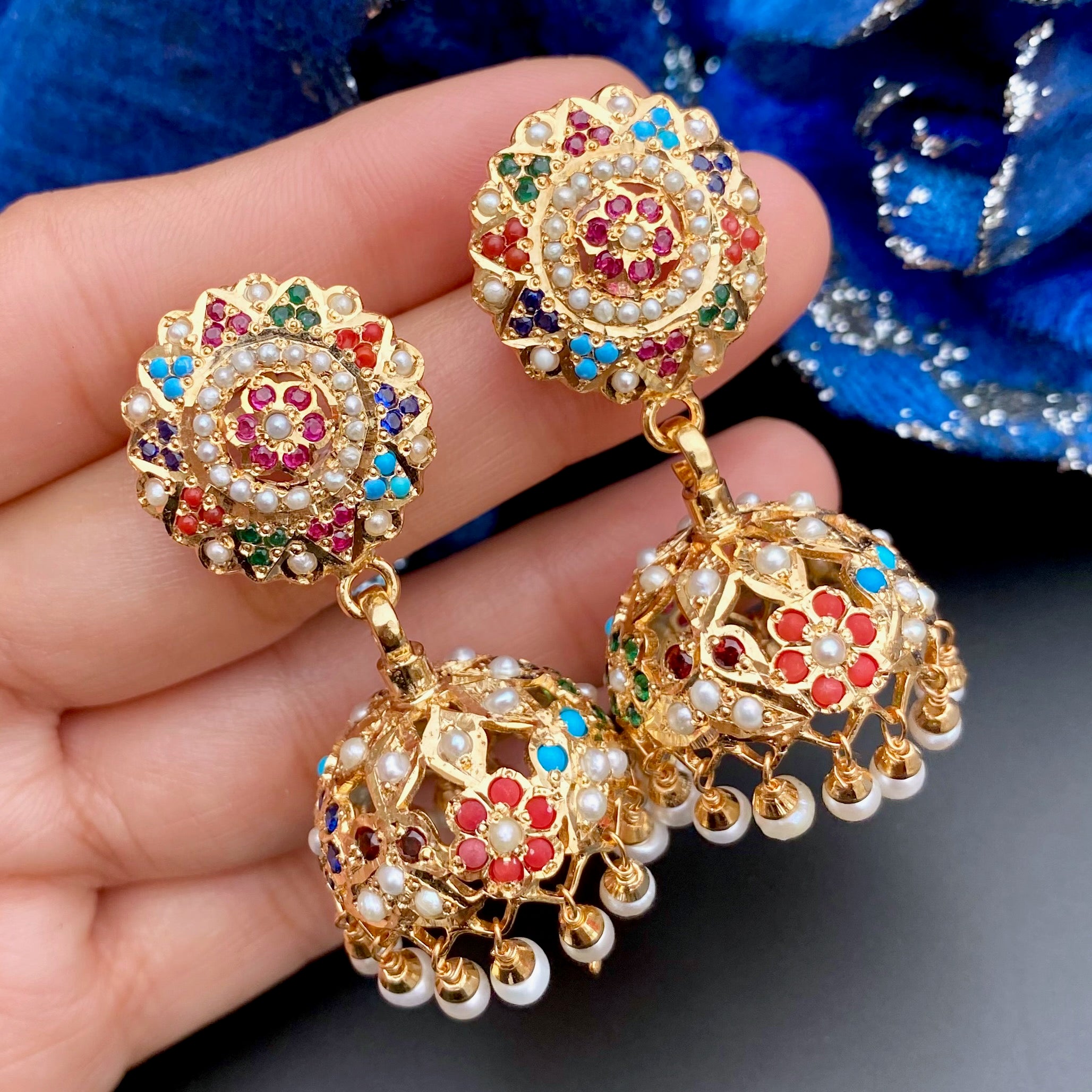 Delicate Navrattan Necklace with Jhumki | Gold Plated Navratna Necklace Set | NS 499