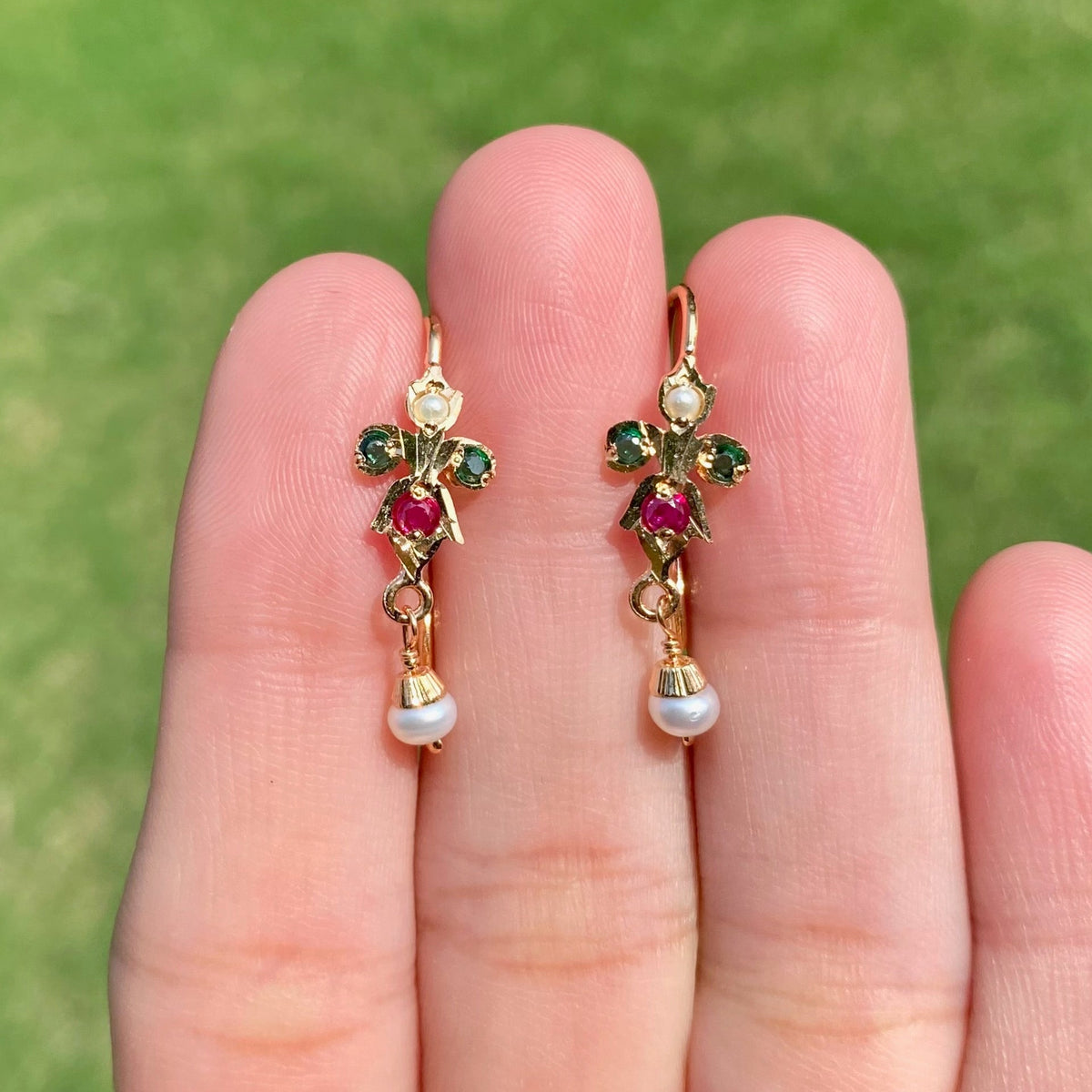 Minimal Green And Pink Stone Fish Hook Earrings ER 778