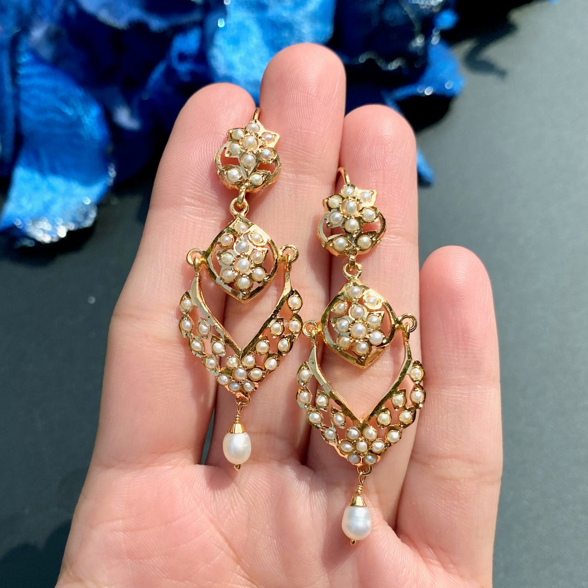 Pearl Floral Geometric Dangler Earrings ER 777