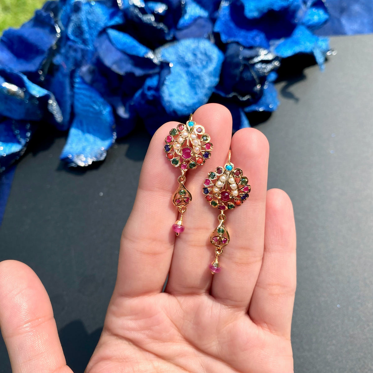 Multicolour Floral Drop Earrings | Fishhook Closure Jadau Earrings ER 785