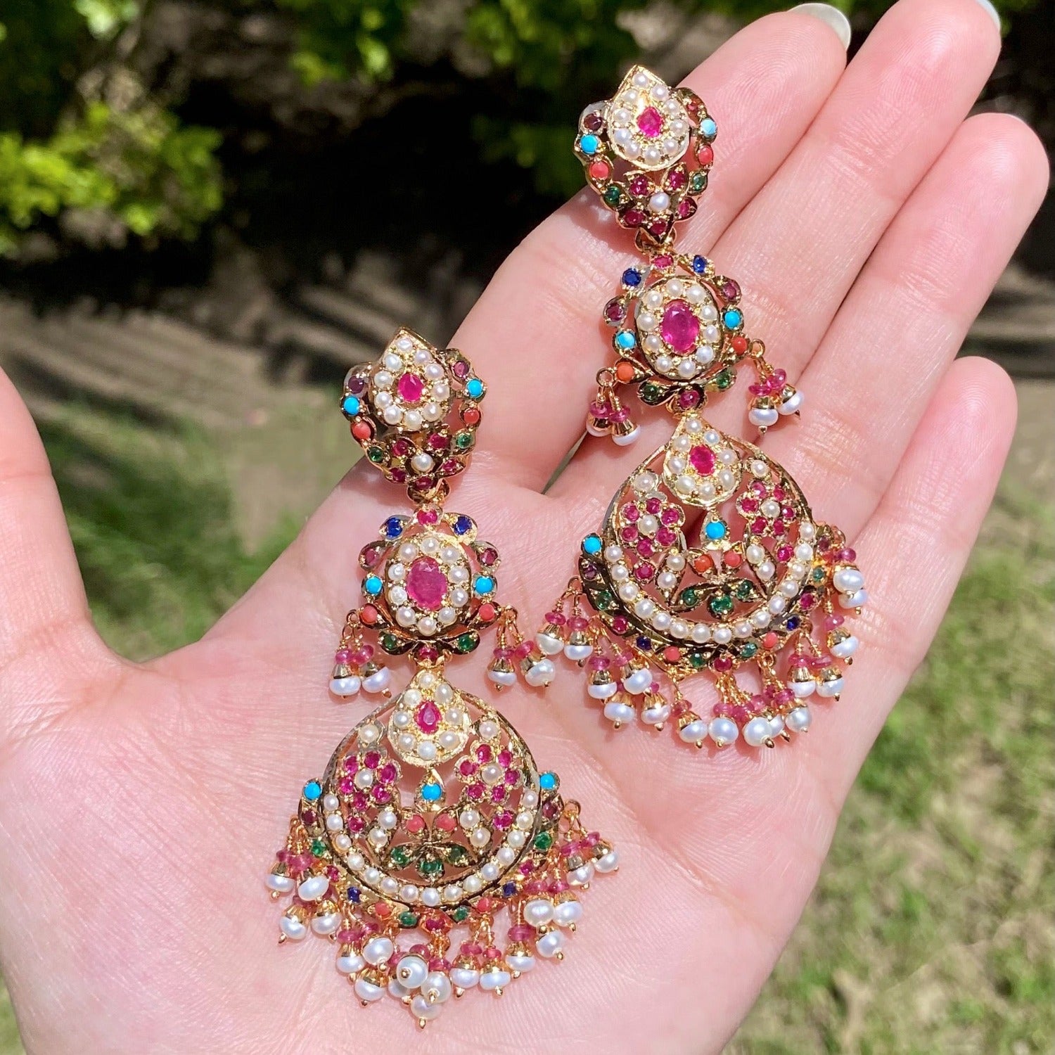 Magnificient Navratna Danglers| Gold Plated Silver Earrings | ER 587