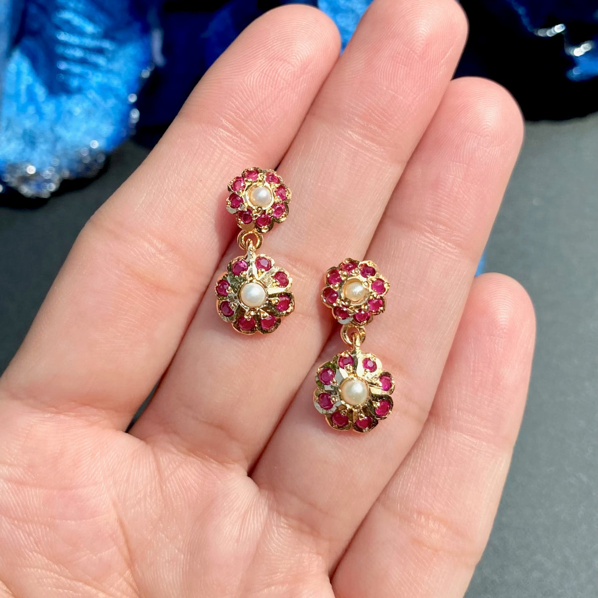 Ruby-Red Stone And Pearl Floral Drop Earrings ER 773
