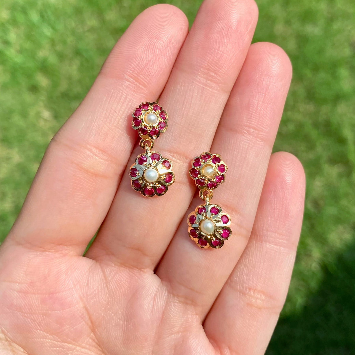 Ruby-Red Stone And Pearl Floral Drop Earrings ER 773