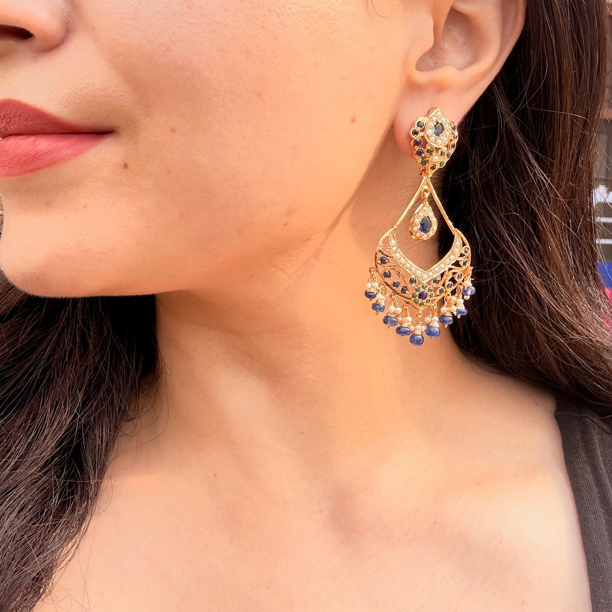 Regal Blue Stone & Pearl Statement Earrings | 925 Silver Gold Plated ER 742