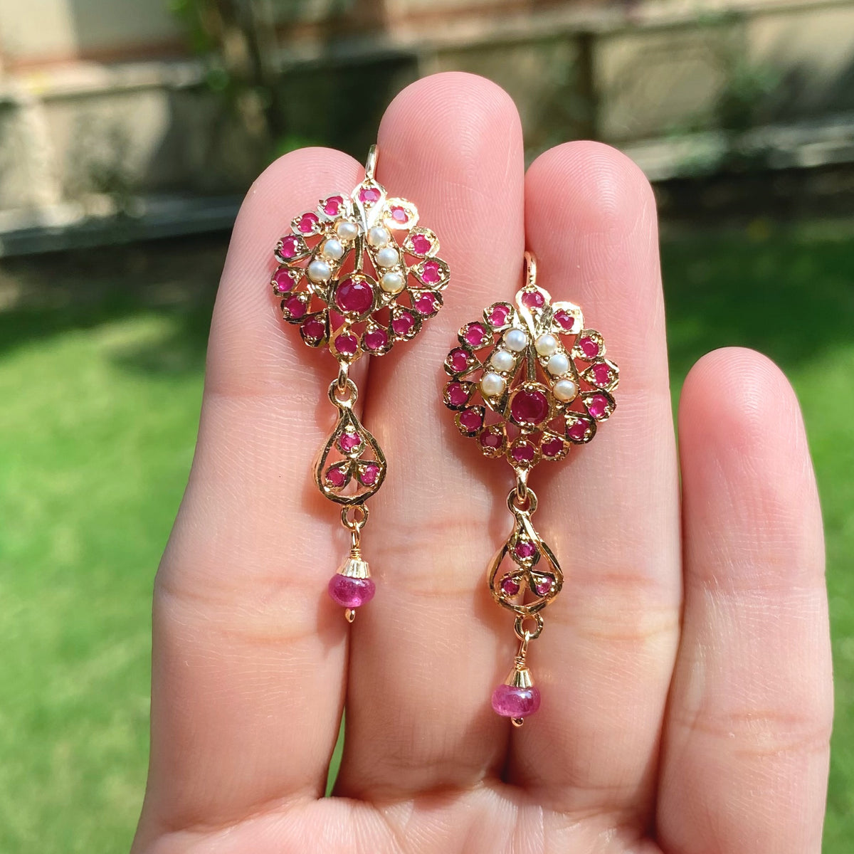 Pink Stone Pearl Floral Drop Earrings ER 783