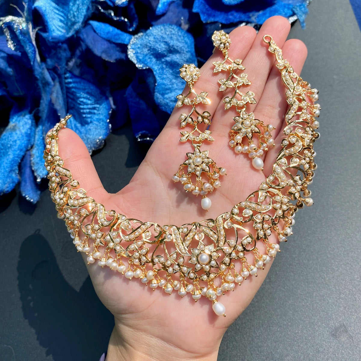 Pearl Drop Jadau-Style Necklace Set | Freshwater Pearls & 925 Silver with Gold Plating NS 481
