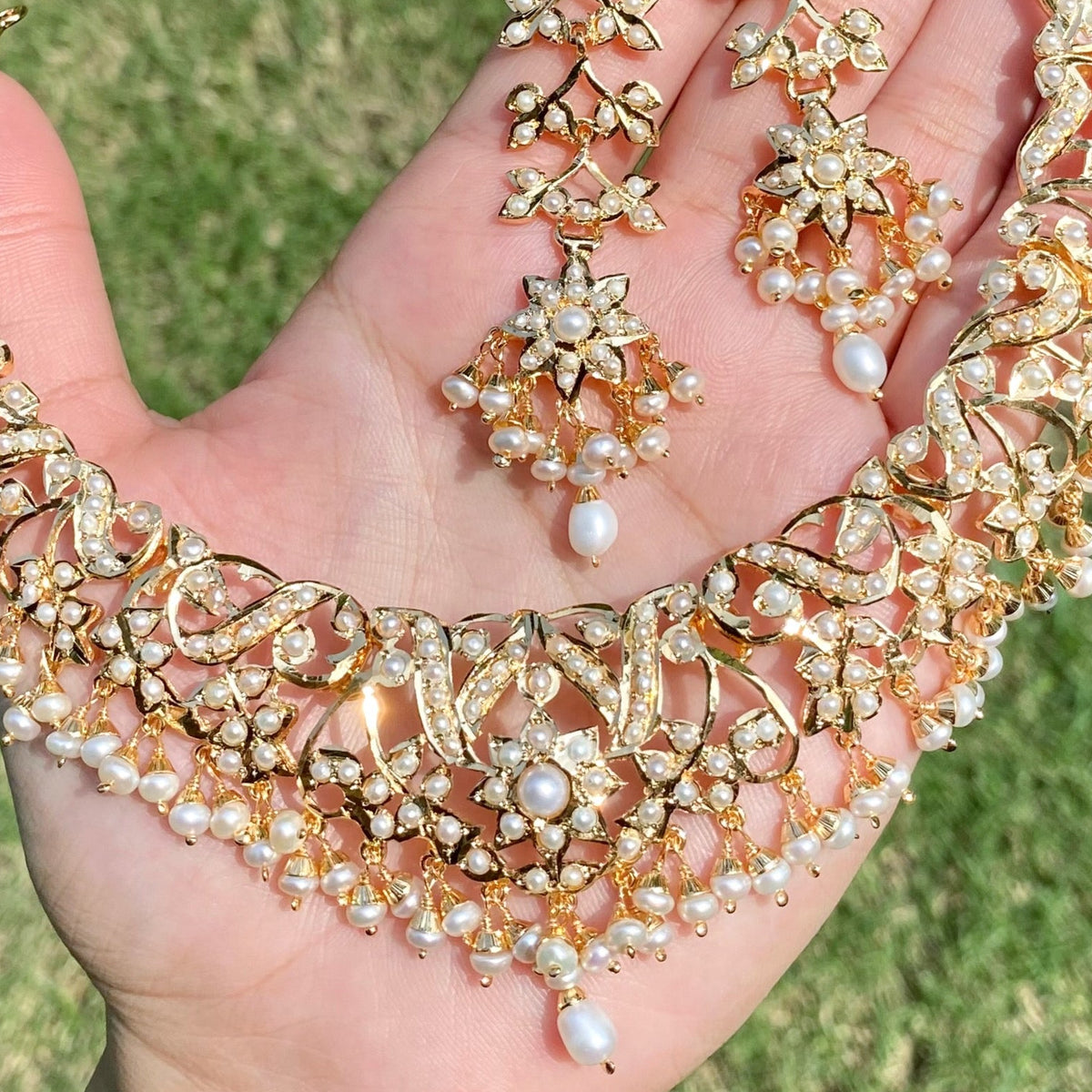 Pearl Drop Jadau-Style Necklace Set | Freshwater Pearls & 925 Silver with Gold Plating NS 481