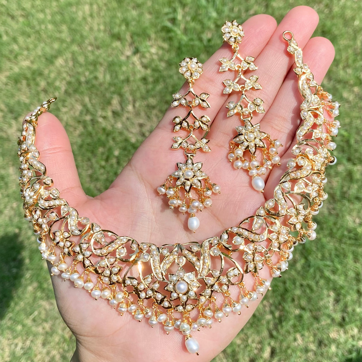 Pearl Drop Jadau-Style Necklace Set | Freshwater Pearls & 925 Silver with Gold Plating NS 481
