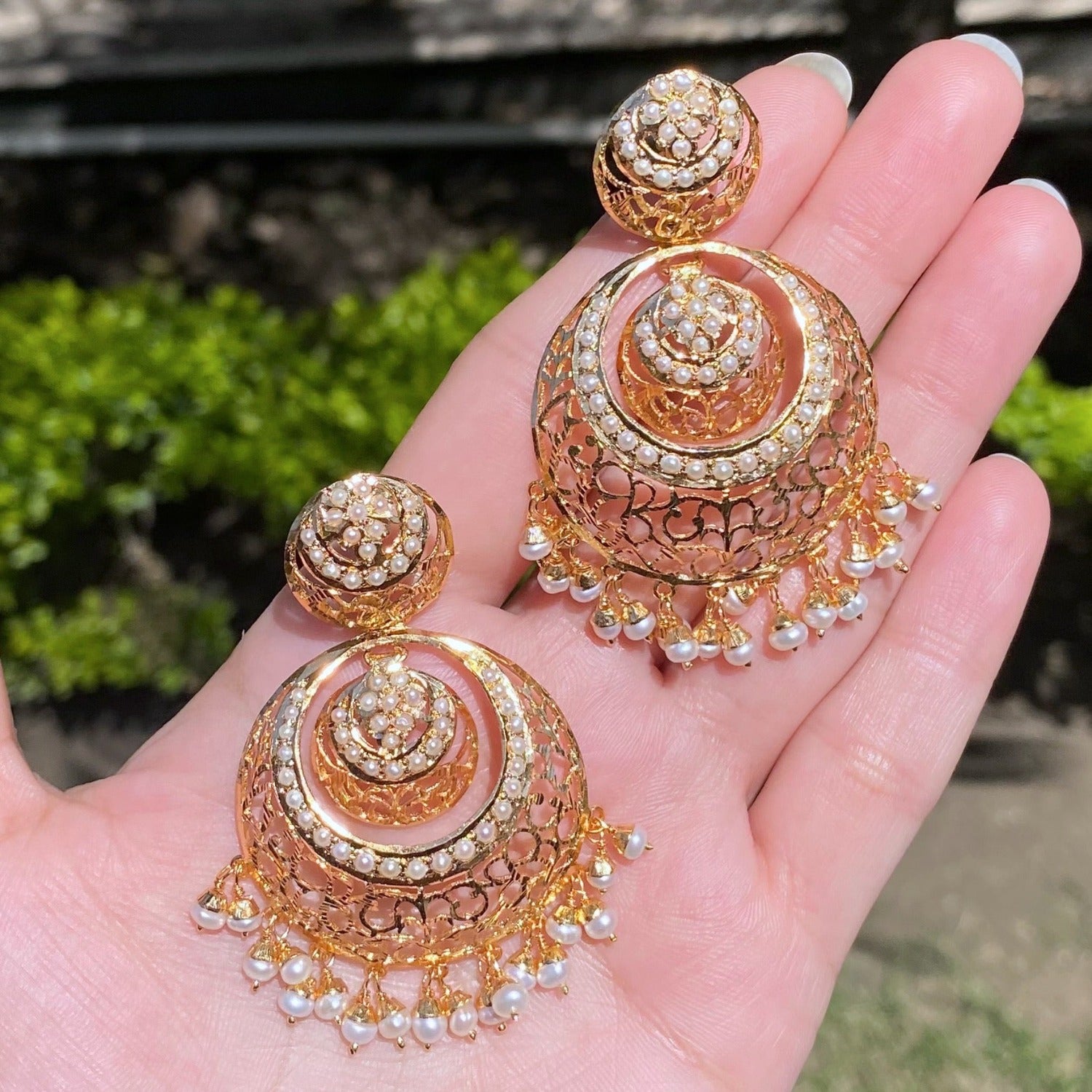 gold plated chandbalis with pearls