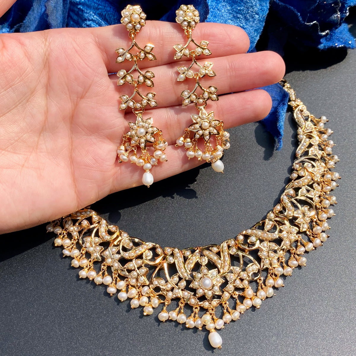 Pearl Drop Jadau-Style Necklace Set | Freshwater Pearls & 925 Silver with Gold Plating NS 481